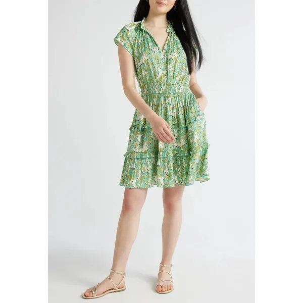 Scoop Womens Dress Sz XS Blurred Ikat Satin Ruffle Mini Cap Sleeve Cottagecore - Image 5