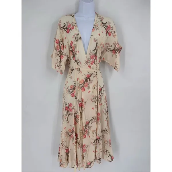 Reformation Karen Kimono Midi Wrap Dress Leila Floral Tulip Size‎ XS Cream Pink - Image 12