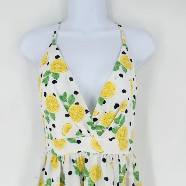 Womens Lemon Print Maxi Dress Halter Neck Size S Slit White‎ Yellow Fun Party - Image 3