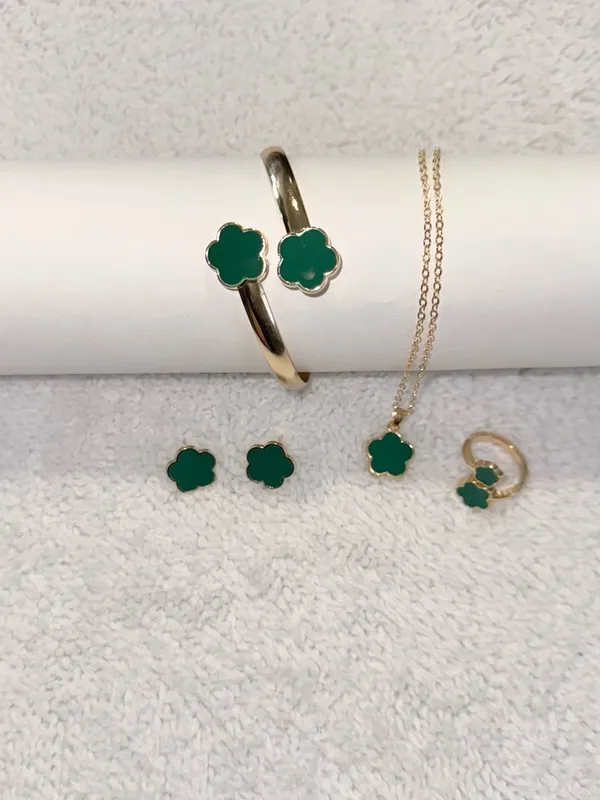 4pc green Clover Jewelry Set - Green Enamel Necklace, Bracelet, Ring & Earrings - Image 6