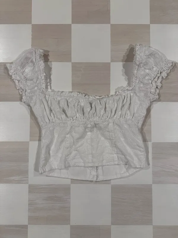 Princess Polly White Eyelet Puff Sleeve Ruched Button Front Crop Top Cottagecore - Image 7