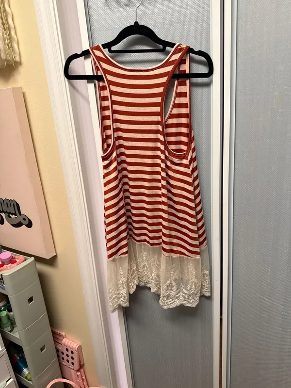 Umgee Red and White Striped Racerback Tank Top with Embroidered Lace Hem - Image 3