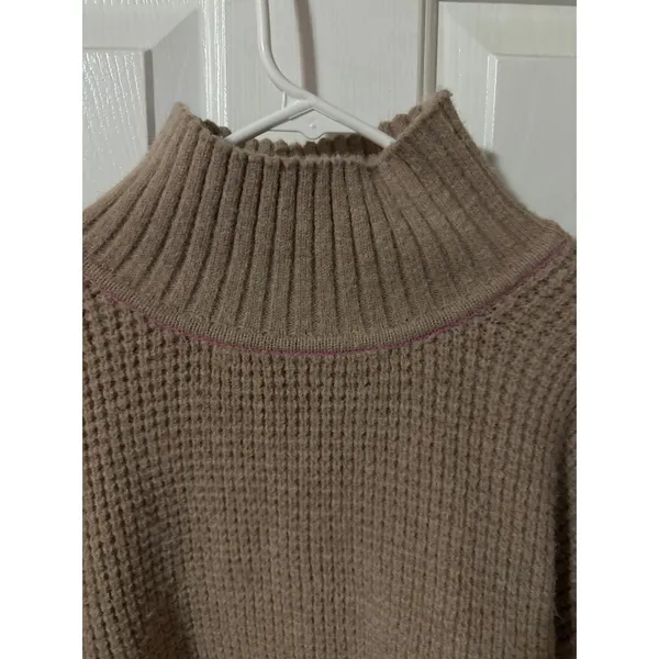 By Together Tan Waffle Knit Mock‎ Neck Sweater Hot Pink Trim Womens Small - Image 3