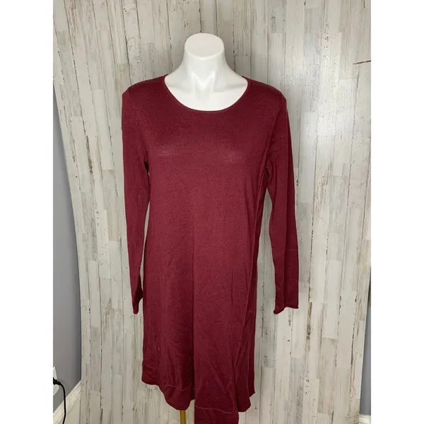 Eileen Fisher Sweater Dress Womens Medium Burgundy Scoop Neck Long Sleeve Knee - Image 2