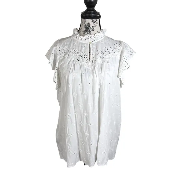 LOFT Women Large White Eyelet Embroidered Flutter Sleeve Tunic Top Boho L Summer - Image 2