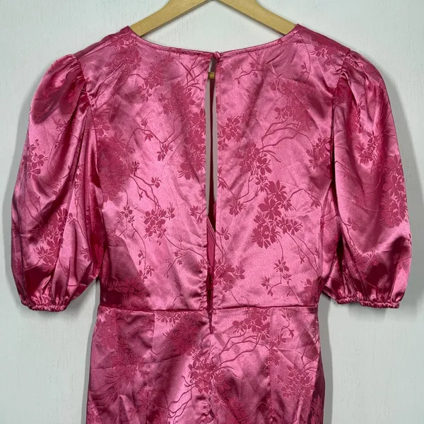 Elevator Disco Mini Dress Womens Size Small Pink Floral Surplice Neck Ruffle Hem - Image 5