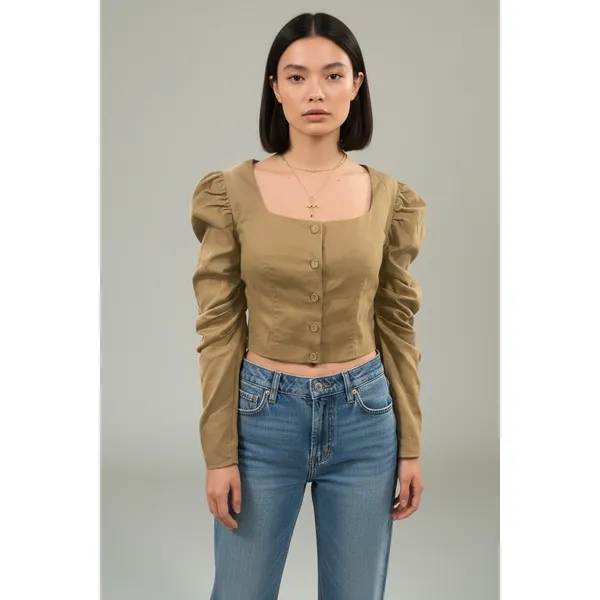 Revolve Lovers and Friends Crop Top Khaki Ruched Puff Sleeve Regencycore Small - Image 2