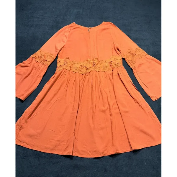 Easel Orange Lace Detail‎ Bell Sleeve A Line Dress Women's Size M - Image 3