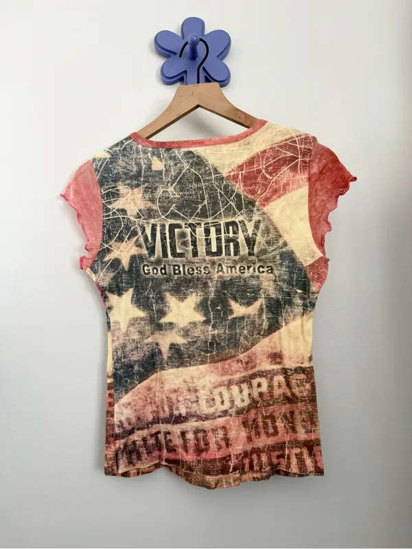 90s Y2K Small Vintage God Bless America Tee USA Flag Patriot 4th of July Eagle‎ - Image 3
