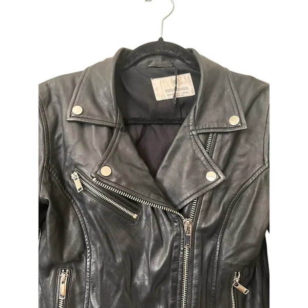 STRADIVARIUS 100% Leather Biker Jacket Black Medium - Image 4