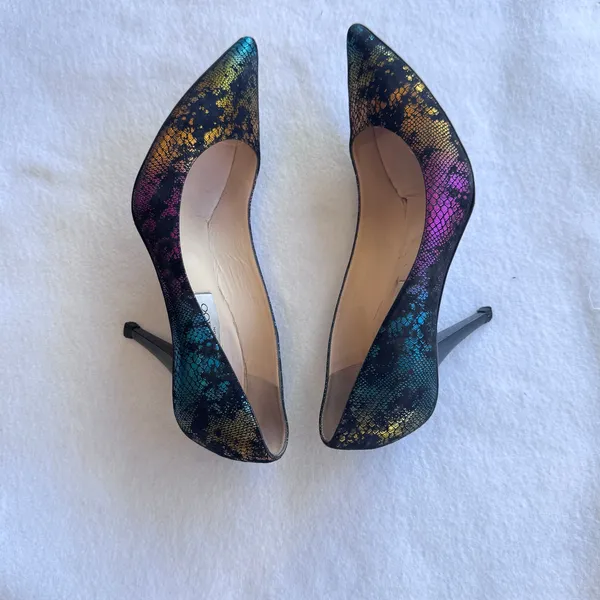 Jimmy Choo Multicolor Metallic Snake‑Print Suede Pumps Size 38 Pointed Heels - Image 8