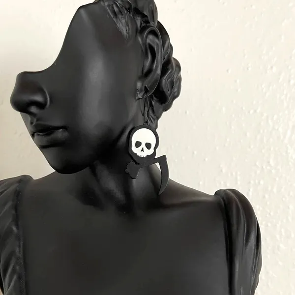 Grim Reaper Scythe Dangle Earrings Goth Spooky Halloween Skull Jewelry - Image 4