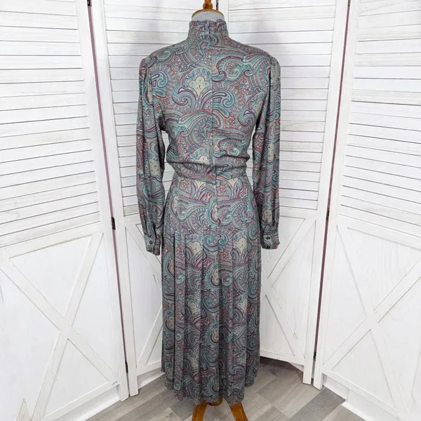 Vntg J.G. Hook Paisley Pleated Mock Neck Maxi Dress Green Multi Size‎ 4 Heritage - Image 4