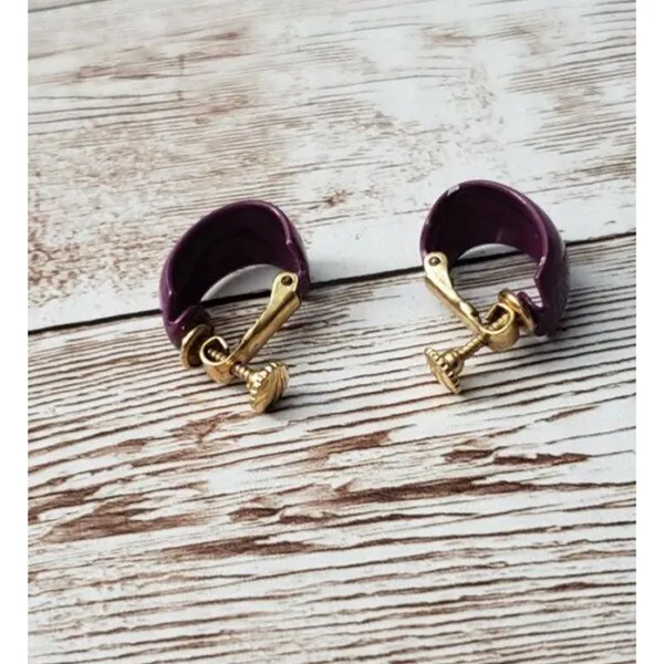 Vintage Clip On Earrings - Purple Hoops 0.75" - Small Paint Chip - Image 3
