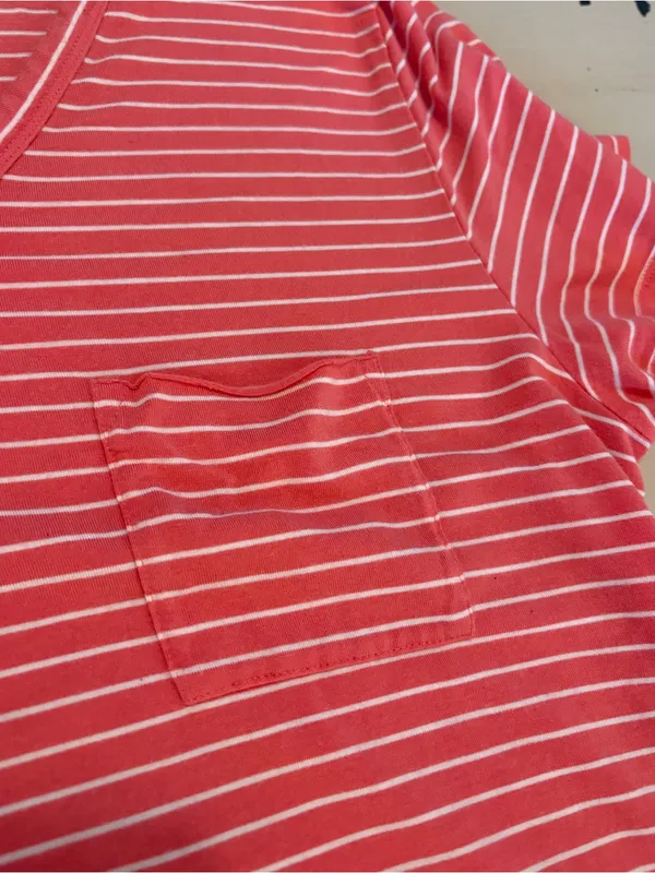 Striped V-Neck Mini Dress in Coral Pink - Image 3