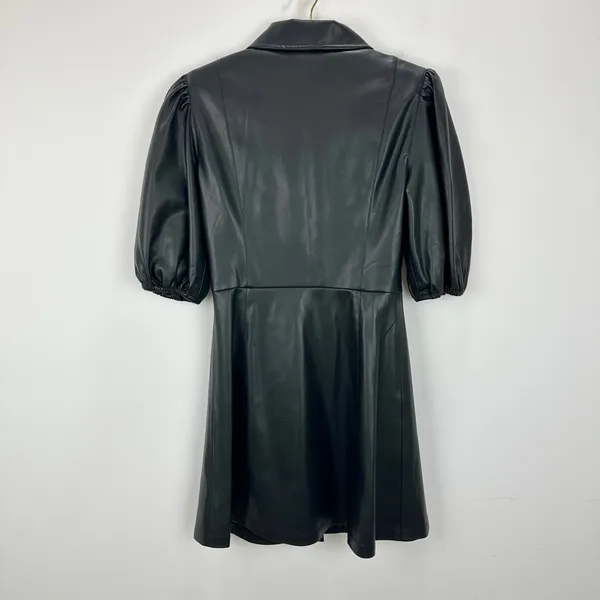 Lime Faux Leather Mini Dress Black Minimalist A Line Puff Sleeve Collared XS - Image 3