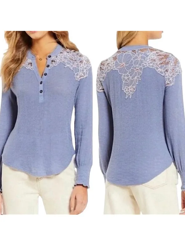 Free People Blue Lace Detail Thermal Top Size Medium - Image 2