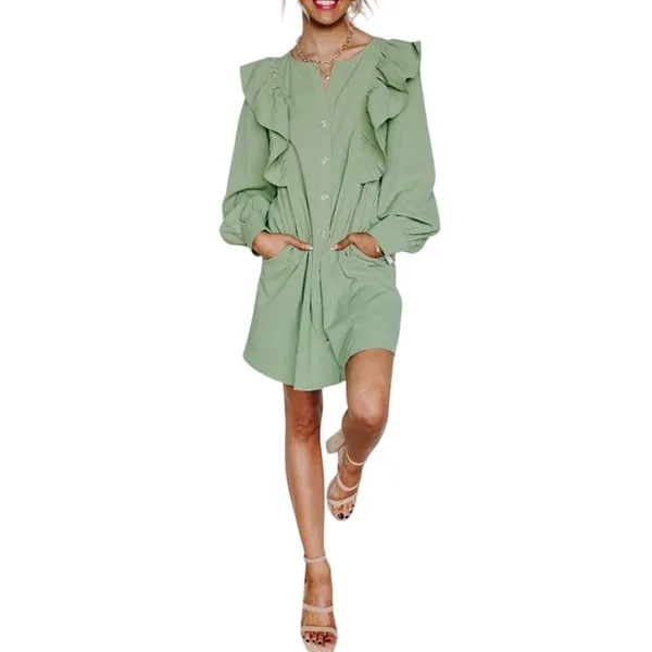 Entro Porch Swing Sips Mini Dress Pear Green Ruffle Button Front Small‎ NWT - Image 2