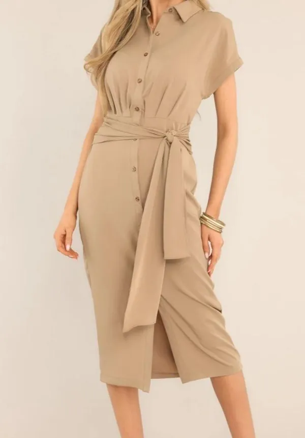 Red Dress Boutique Working Together Tan Button Front Midi Dress - Image 3