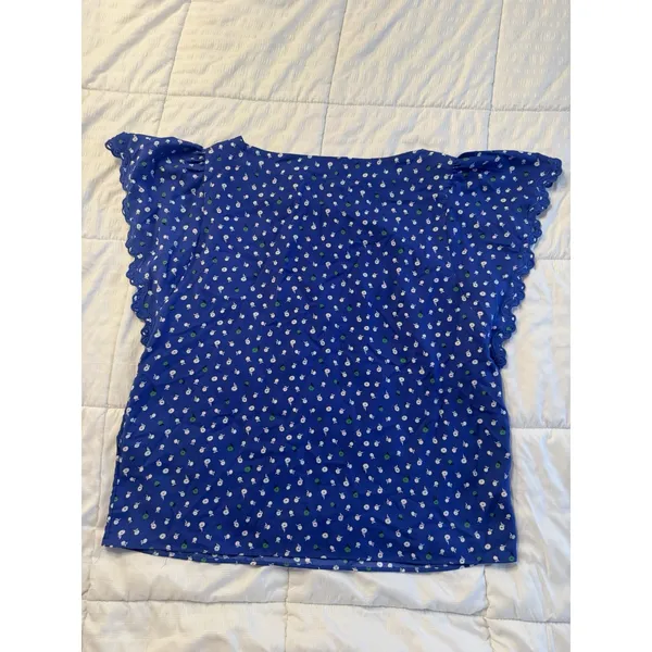 Ann Taylor Blue Floral Top Ruffled Short Sleeve Women's Small Office Spring - Image 7
