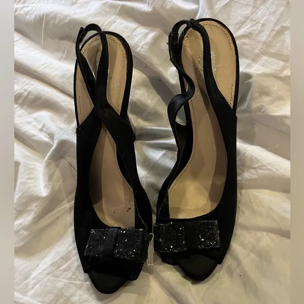 8 M black bow glitter peep toe sling back heels - Image 2