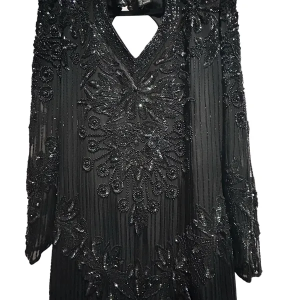 Vintage Right Choice Silk Beaded Gown Black Evening Dress 1980s Made in India‎ - Image 2