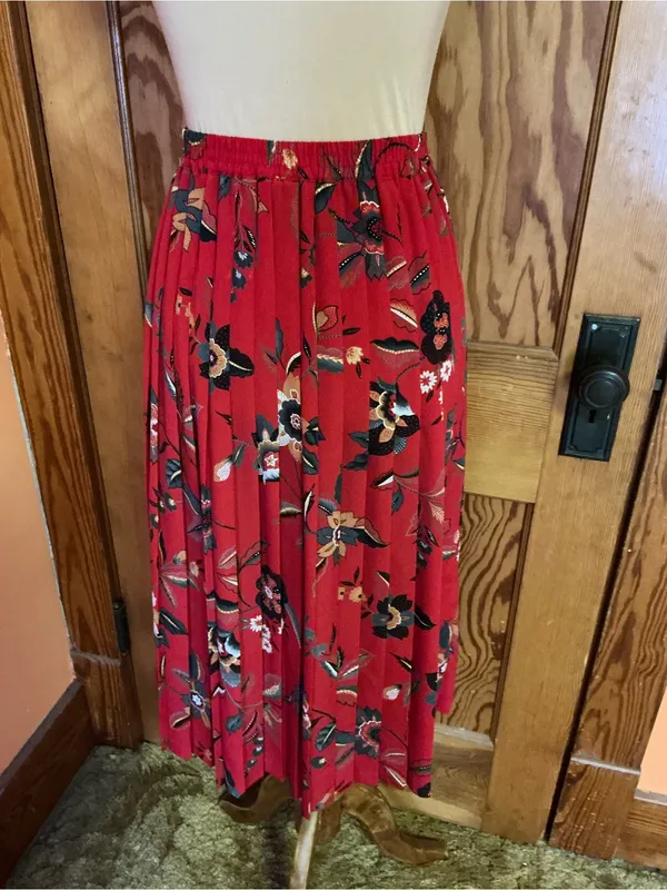 Vintage 90s Alfred Dunner Red Floral Midi Skirt Size 10 Elastic Waist - Image 12