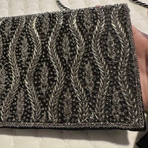 Women’s Black & Clear Beaded Bead Thin Shoulder Bag Evening Purse - Image 5