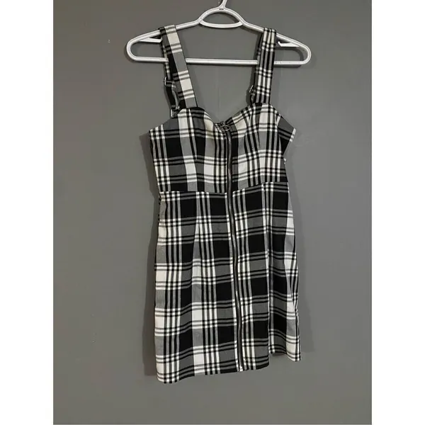 Forever 21 Black White Checkered Full Zip Adjustable Straps Fall Dress S - Image 2