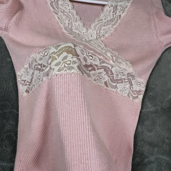 Y2K Coquette Wrap Top Medium Floral Lace Fairy Dollette Cute Girl Pink 90's VTG - Image 8