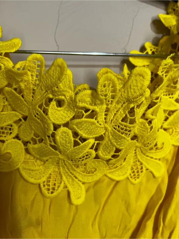 Gianni‎ Bini Yellow Off Shoulder Lace Trim Boho Peasant Spanish Vaca Mini Dress - Image 10