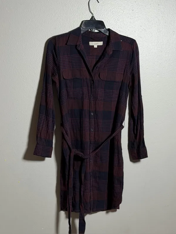 Loft‎ Women Purple/Black Plaid Long Sleeve Button Up Dress Belt size M Petite - Image 2