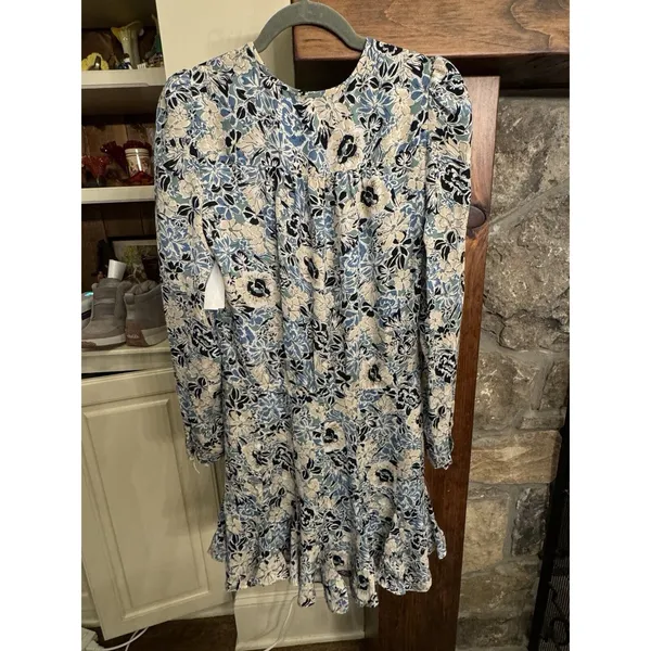 Veronica Beard 14 Riggins‎ Dress Mini Shift Blue Silk Floral V Neck Long Sleeves - Image 8