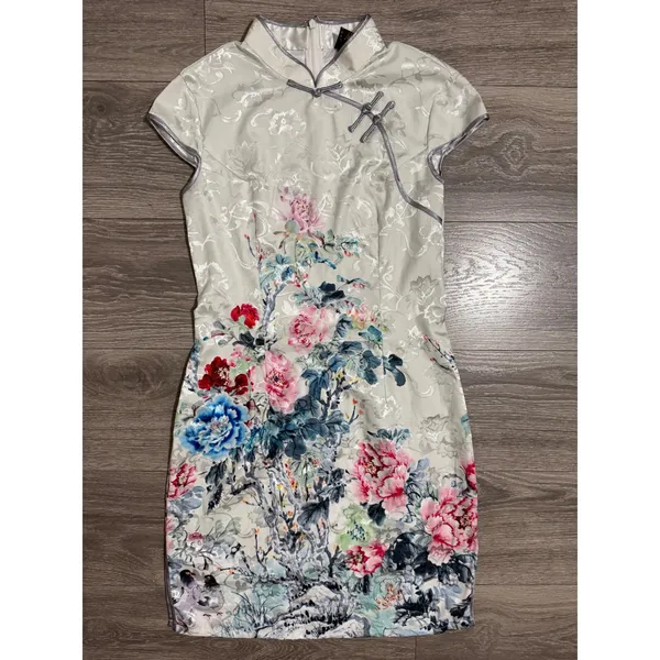 Jin He White Floral Satin Qipao Cheongsam Dress Size S Mandarin Collar Asian - Image 11