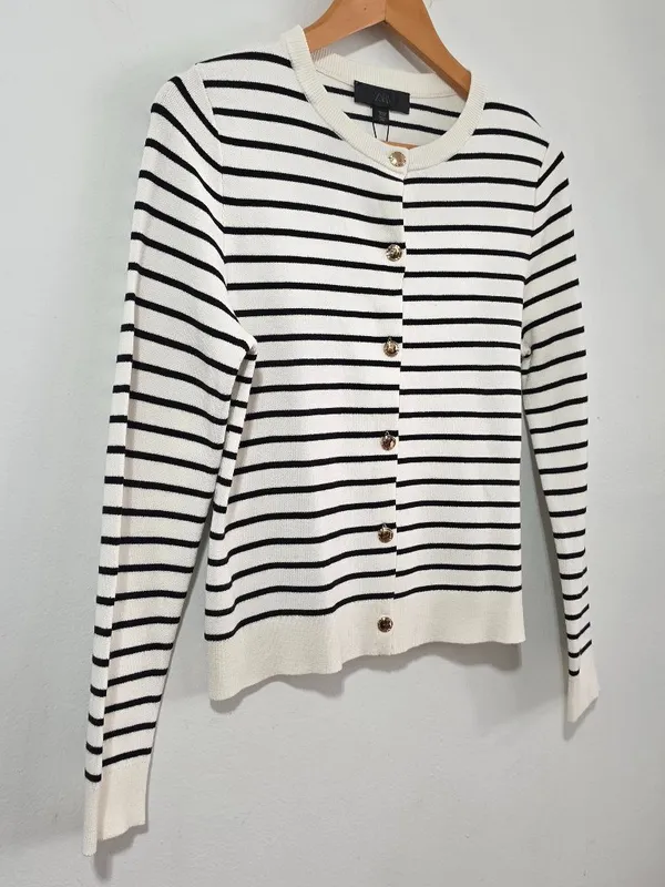 Zara Striped Knit Cardigan Long Sleeve - White/Black - Size S - 5755 - Image 4