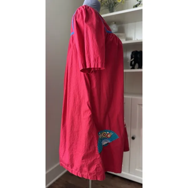 Vtg Go Softly Patio Dress XL Red Embroidered Muumuu Hippie Chic Boho Oriental - Image 4