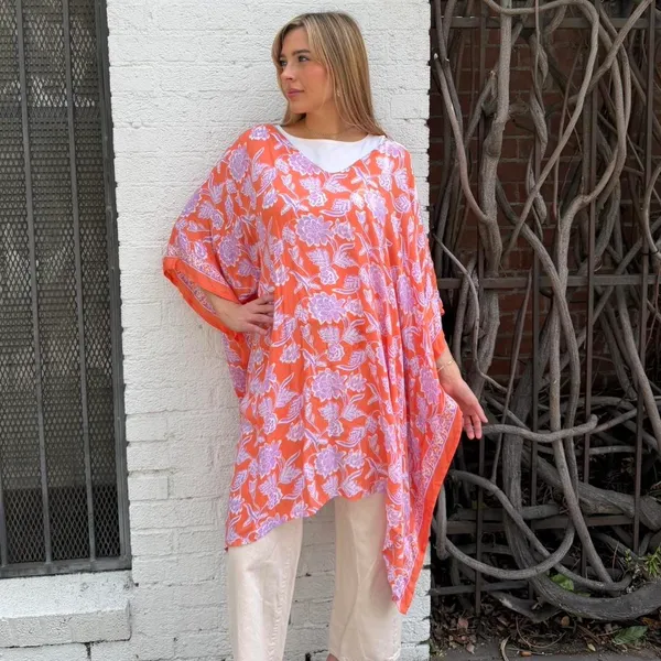 Free People World Market orange + pink boho floral poncho tunic kimono one size #fairy #beach #hippie - Image 2