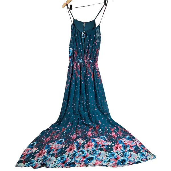 Fate Floral Maxi Dress Teal‎ Blue Pink Spaghetti Strap Elastic Waist M Halter - Image 2