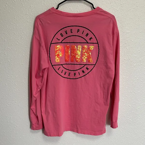 PINK Victoria's Secret Pink Long Sleeve Tee Black Mesh Detail Medium Oversized - Image 5