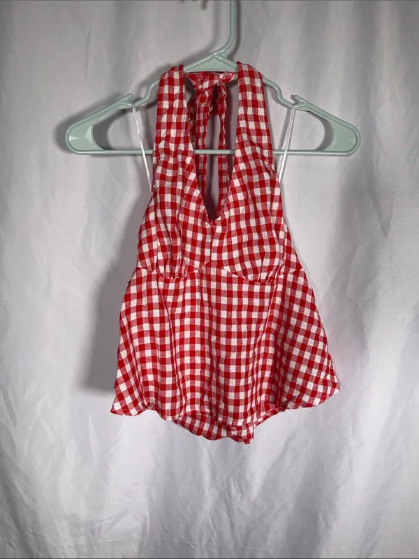 Old Navy Womens Red Gingham Linen Blend Halter Top New Small - Image 2