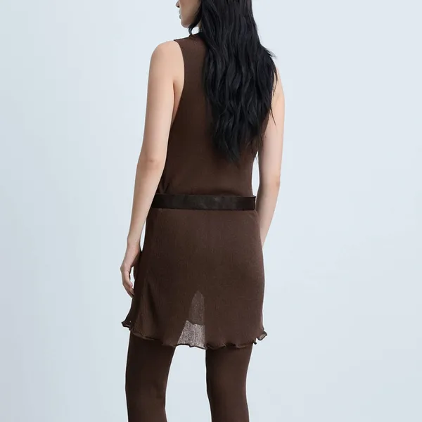 Mango MNG - Brown semi sheer fine knit ruffle trim mini dress - Image 3
