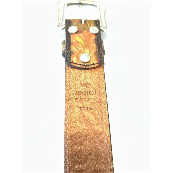 Nocona Womens Floral Tooled Leather Belt Rhinestone Hibiscus Western Brown Large - Image 4