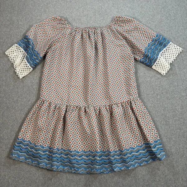 Umgee Drop Waist Off Shoulder Mini Tunic Dress Size Small Crochet Trim Gray Blue - Image 7