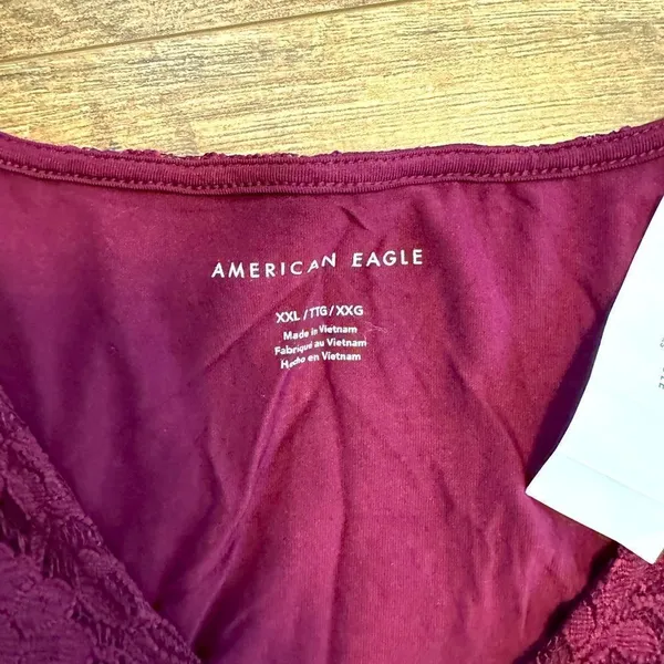 American Eagle Outfitters Maroon Lace Ruched Tie Front Ruffled Hem Crop Top - Image 3