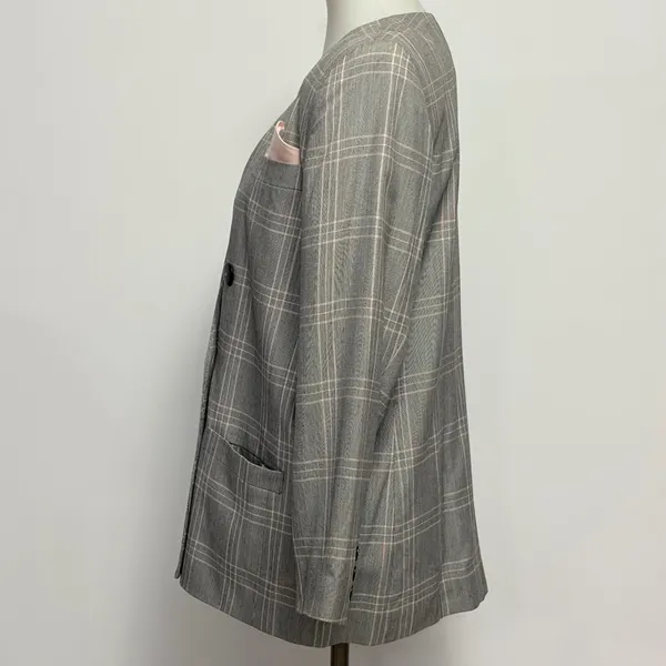 Vintage Worthington Blazer 10P Grey Plaid Double Breasted Collarless V-Neck 90s - Image 3