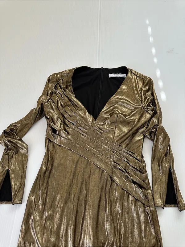 Mac Duggal Metallic Long-Sleeve Asymmetrical Ruched Gown IEENA Collection, 0 - Image 12