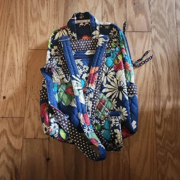 Quilted Backpack Womens Navy Blue Floral‎ Polka Dot Zipper Boho - Image 2