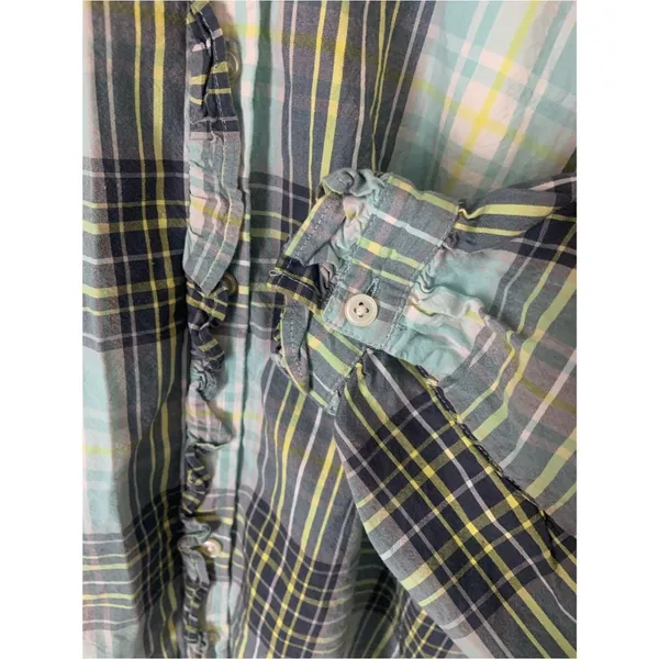 LOFT Plaid Preppy Button Front Ruffle Detail Shirt in Teal Navy Yellow Green M - Image 3