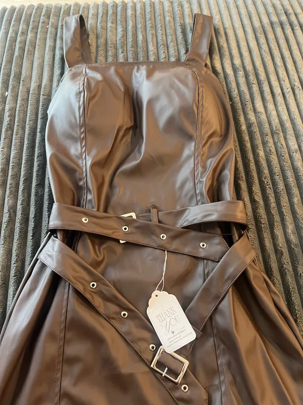 Sexy Espresso Faux Leather Mini Dress - Double Belted Waist "Baddie" Look - Image 2