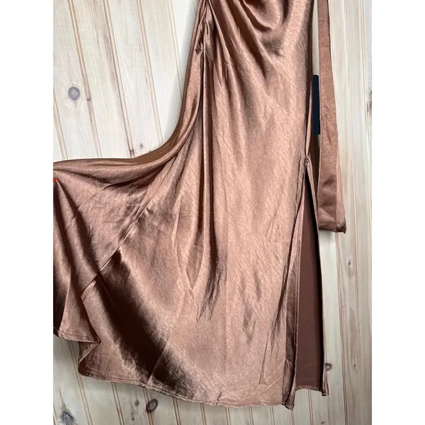 NWT Lulus Sophisticated Impression Brown Satin Backless Cowl Midi Dress Party XS - Image 5